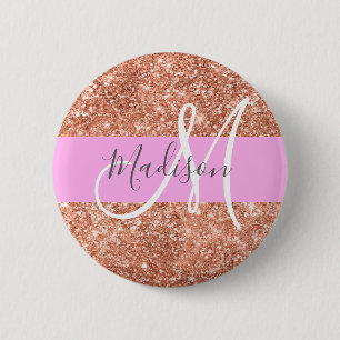 Glam Rosa Peach Guld Glitter Monogram Namn Knapp
