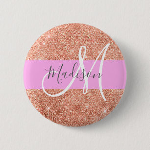 Glam Rosa Peach Guld Glitter Monogram Namn Knapp