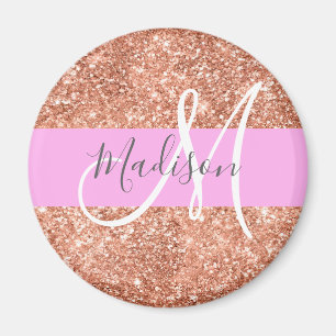 Glam Rosa Peach Guld Glitter Monogram Namn Magnet