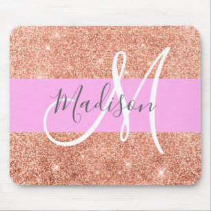 Glam Rosa Peach Guld Glitter Monogram Namn Musmatta