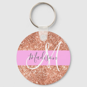 Glam Rosa Peach Guld Glitter Monogram Namn Nyckelring
