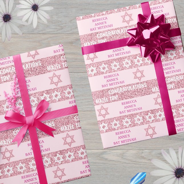 Glam Rosa Personlig Jewish Girl Bat mitzvah Presentpapper (This pink faux glitter wrapping paper is easy to personalize for the Bat Mitzvah girl)