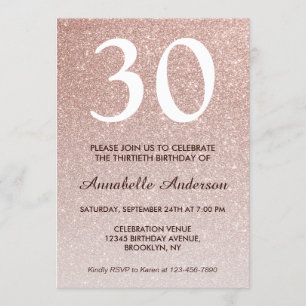Glam Rosa ros Guld Glitter Gnistra 30års födelseda Inbjudningar
