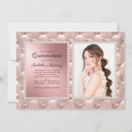 Glam Rosa ros Guld Quinceañera Photo Pearls Inbjudningar