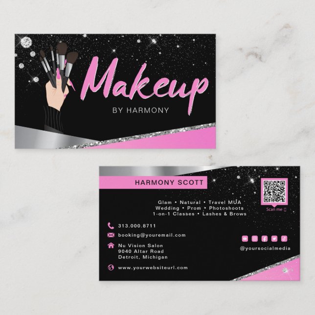 Glam Rosa Silver Diamonds Makeup Artist MUA Visitkort (Fram/baksida)