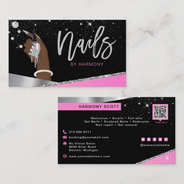 Glam Rosa Silver Diamonds Nail Salon Tech Artist Visitkort (Fram/baksida)