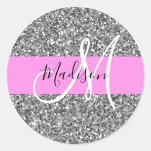Glam Rosa & Silver Glitter Gnist Monogram Namn Runt Klistermärke