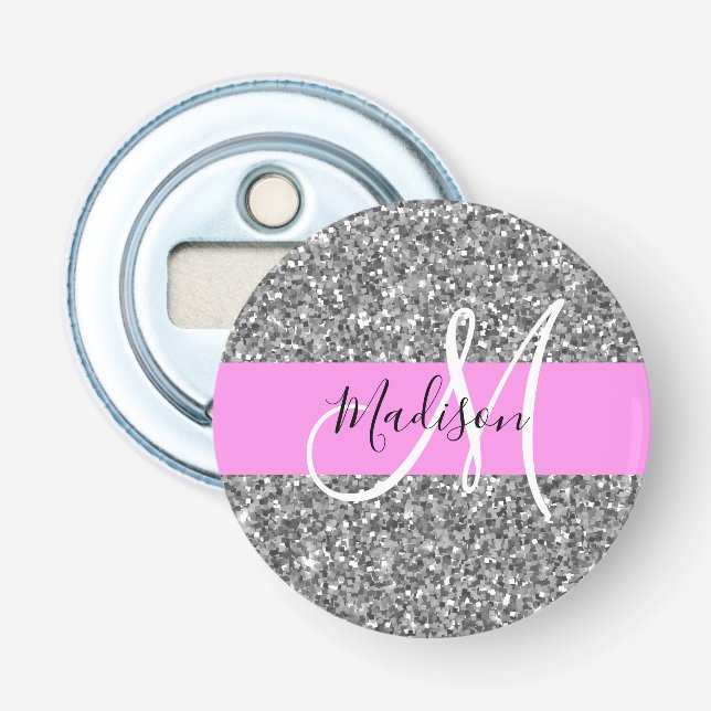 Glam rosa & silver glitter gnistrande monogramnamn flasköppnare (Framsidan)