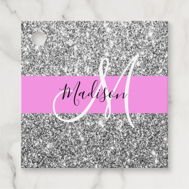 Glam rosa & silver glitter gnistrande monogramnamn gåvor etiketter (Framsida)