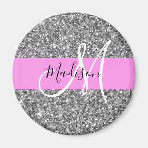 Glam rosa & silver glitter gnistrande monogramnamn magnet