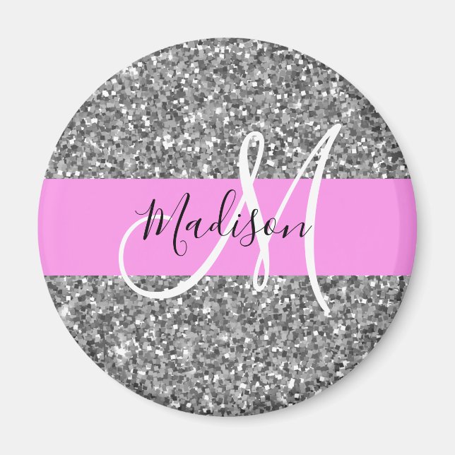 Glam rosa & silver glitter gnistrande monogramnamn magnet (Framsidan)