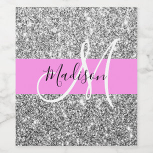 Glam rosa & silver glitter gnistrande monogramnamn vinflaska etikett