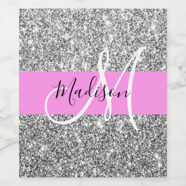 Glam rosa & silver glitter gnistrande monogramnamn vinflaska etikett (Singel etikett)
