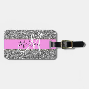 Glam Rosa & Silver Glitter Sparkles Monogram Namn Bagagebricka