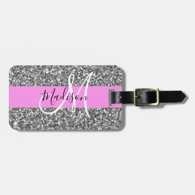 Glam Rosa & Silver Glitter Sparkles Monogram Namn Bagagebricka (Horisontell Framsida)