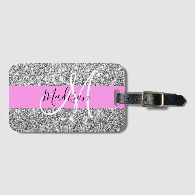 Glam Rosa & Silver Glitter Sparkles Monogram Namn Bagagebricka (Framsida horisontal)