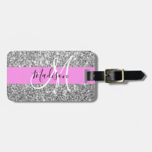 Glam Rosa & Silver Glitter Sparkles Monogram Namn Bagagebricka