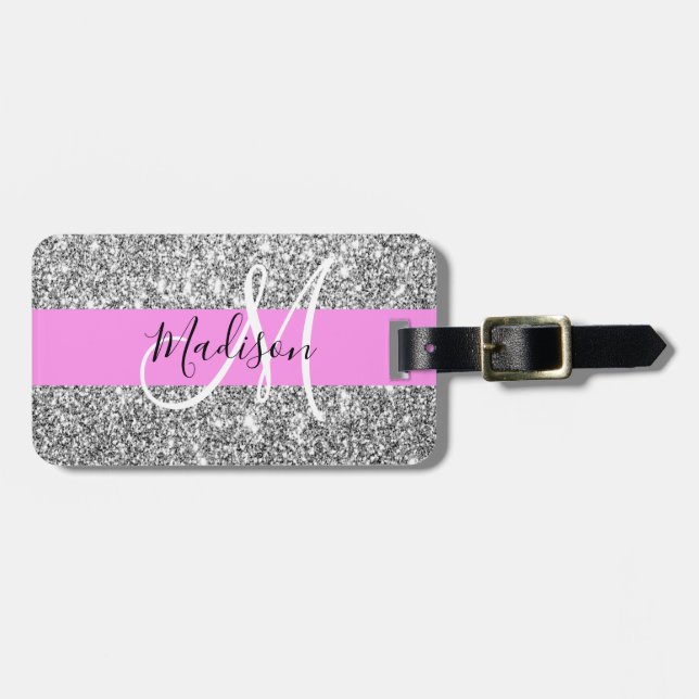 Glam Rosa & Silver Glitter Sparkles Monogram Namn Bagagebricka (Horisontell Framsida)