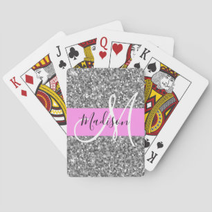 Glam Rosa & Silver Glitter Sparkles Monogram Namn Casinokort