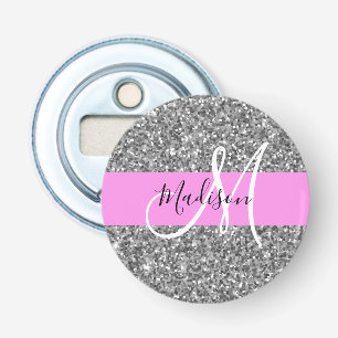 Glam Rosa & Silver Glitter Sparkles Monogram Namn Flasköppnare