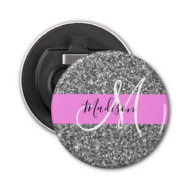 Glam Rosa & Silver Glitter Sparkles Monogram Namn Flasköppnare (Framsidan)