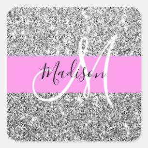 Glam Rosa & Silver Glitter Sparkles Monogram Namn Fyrkantigt Klistermärke