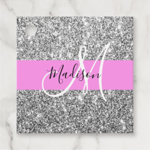 Glam Rosa & Silver Glitter Sparkles Monogram Namn Gåvor Etiketter
