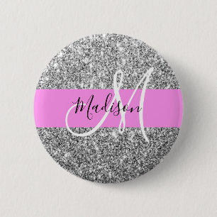 Glam Rosa & Silver Glitter Sparkles Monogram Namn Knapp