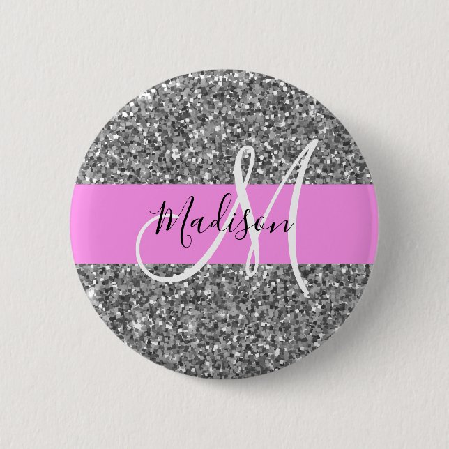 Glam Rosa & Silver Glitter Sparkles Monogram Namn Knapp (Framsida)