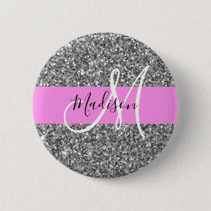 Glam Rosa & Silver Glitter Sparkles Monogram Namn Knapp