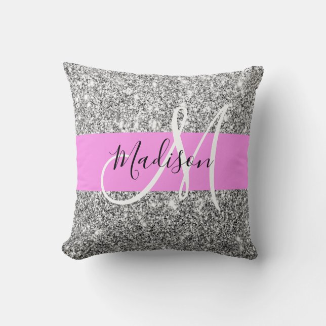 Glam Rosa & Silver Glitter Sparkles Monogram Namn Kudde (Framsida)
