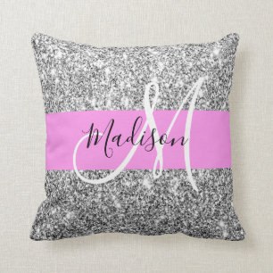 Glam Rosa & Silver Glitter Sparkles Monogram Namn Kudde