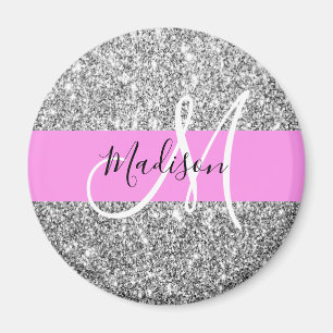 Glam Rosa & Silver Glitter Sparkles Monogram Namn Magnet
