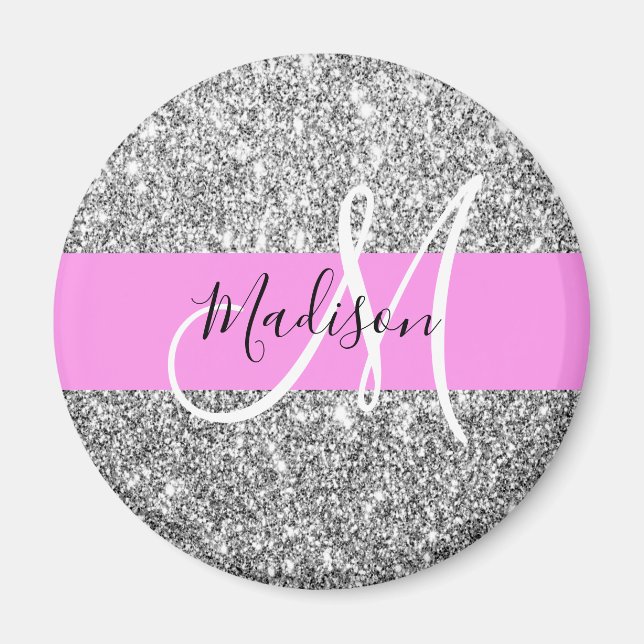 Glam Rosa & Silver Glitter Sparkles Monogram Namn Magnet (Framsidan)