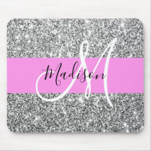 Glam Rosa & Silver Glitter Sparkles Monogram Namn Musmatta