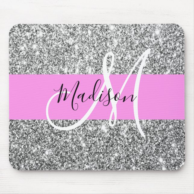 Glam Rosa & Silver Glitter Sparkles Monogram Namn Musmatta (Framsidan)