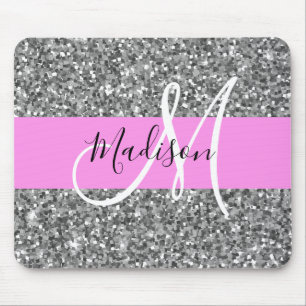 Glam Rosa & Silver Glitter Sparkles Monogram Namn Musmatta