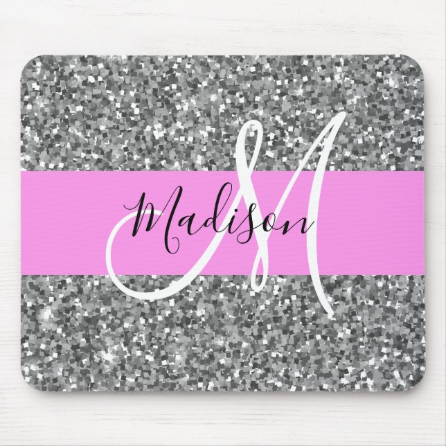 Glam Rosa & Silver Glitter Sparkles Monogram Namn Musmatta (Framsidan)