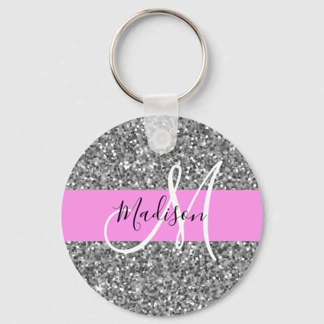 Glam Rosa & Silver Glitter Sparkles Monogram Namn Nyckelring (Framsida)
