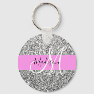 Glam Rosa & Silver Glitter Sparkles Monogram Namn Nyckelring