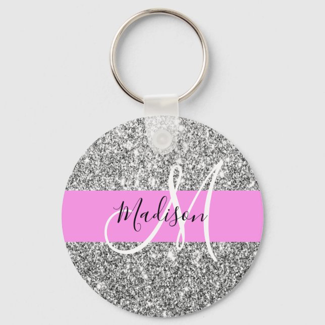 Glam Rosa & Silver Glitter Sparkles Monogram Namn Nyckelring (Framsida)