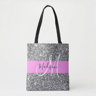 Glam Rosa & Silver Glitter Sparkles Monogram Namn Tygkasse