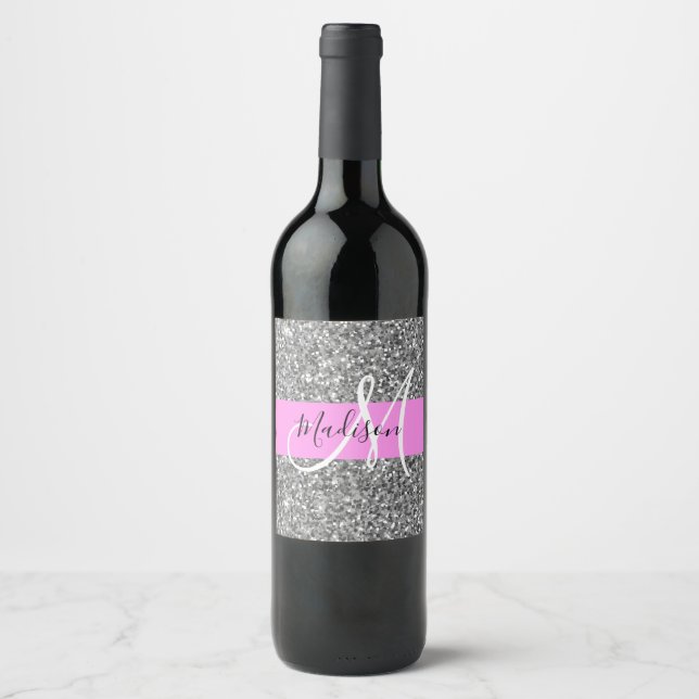 Glam Rosa & Silver Glitter Sparkles Monogram Namn Vinflaska Etikett (Framsida)