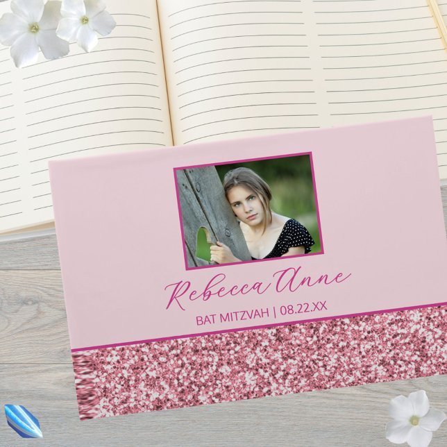 Glam Rosa Simple Elegant Photo Bat mitzvah Gästböcker (A photo guestbook perfect for capturing those Bat Mitzvah party memories)
