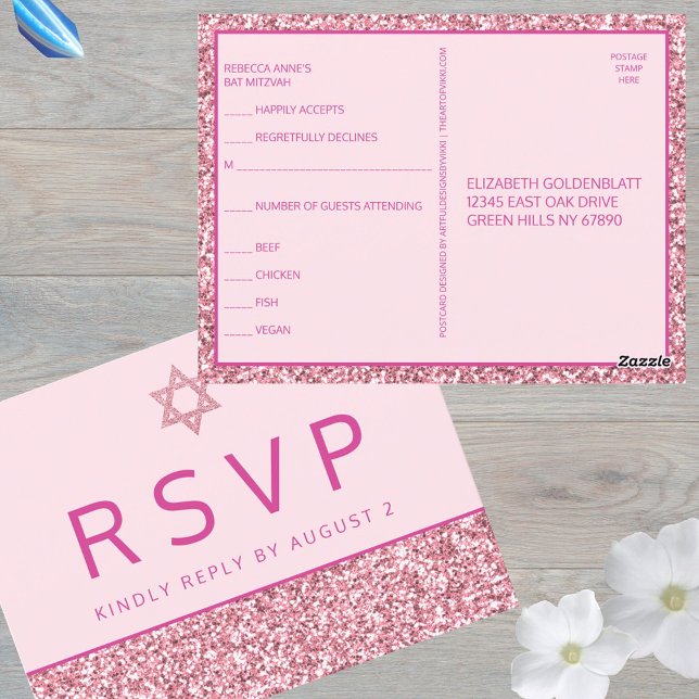 Glam Rosa Simple Modern Bat mitzvah OSA Vykort (RSVP postcards are a smart option for your Bat Mitzvah celebration)