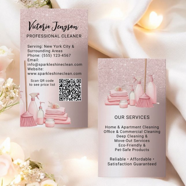Glam Rosa Städning service Household Qr-kod Visitkort (Glam Pink Cleaning Service Housekeeping Qr Code Business Card)