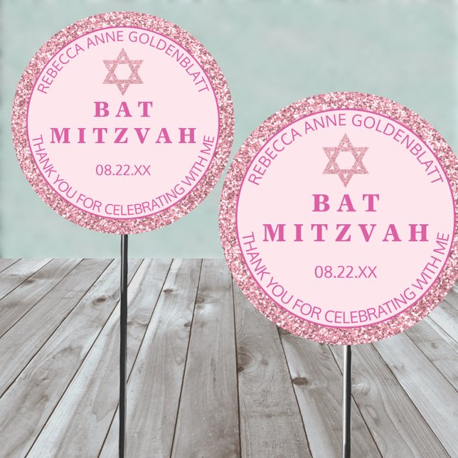 Glam Rosa Tack Chic Bat mitzvah Party Runt Klistermärke (Easy to personalize pink glam Bat Mitzvah thank you stickers on parade)