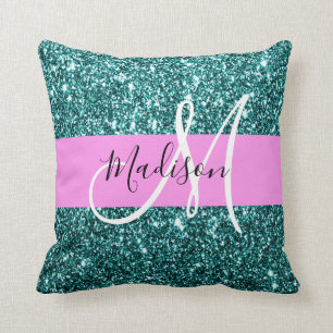 Glam Rosa Teal Grön Glitter Glans Namn Monogram Kudde