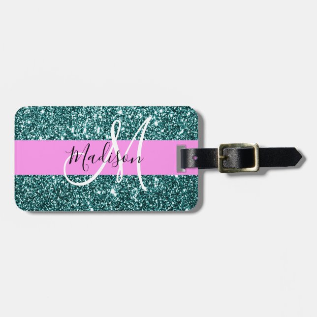 Glam Rosa Teal Grön Glitter Gnista Namn Monogram Bagagebricka (Horisontell Framsida)