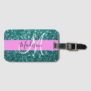 Glam Rosa Teal Grönt Glitter Gnistra Namn Monogram Bagagebricka